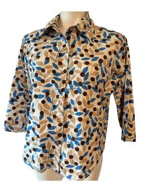 Life Style 100% Cotton Blouse Large Blue Brown Leaf Print 3/4 Sleeve Button Fron